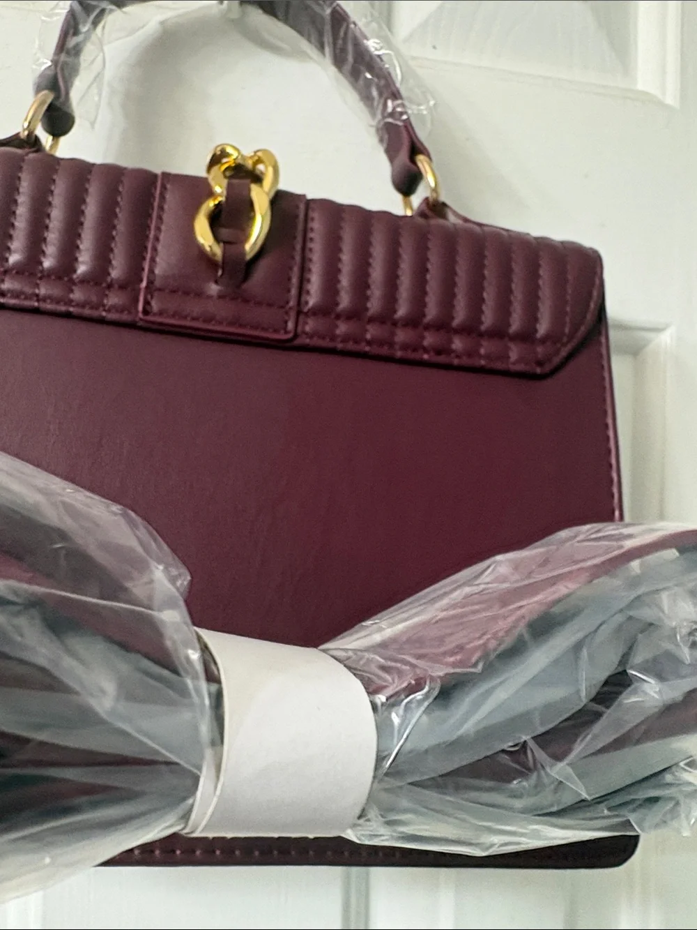 Quilted Burgundy Top-Handle Satchel with Gold Chain Accent